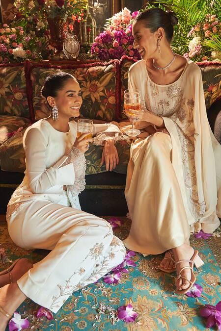 Shreeka Beige Viscose, Satin Sequins, Beads, Zari Floral Embroidered Cape Skirt Set at Aza Fashions Shreeka_Beige Viscose, Satin Sequins, Beads, Zari Floral Embroidered Cape Skirt Set _at_Aza_Fashions