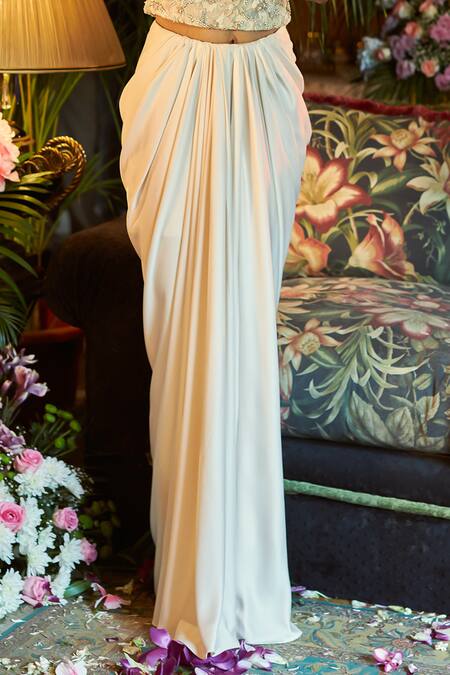 Shreeka_Ivory Crepe Pearls, Zari High Neck 3d Flower Embroidered Top And Skirt Set _Online_at_Aza_Fashions