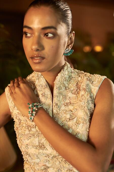 Shop_Shreeka_Ivory Crepe Pearls, Zari High Neck 3d Flower Embroidered Top And Skirt Set _Online_at_Aza_Fashions