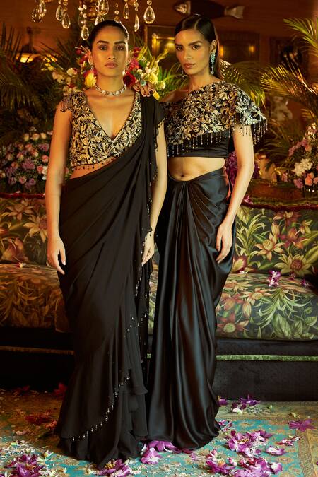 Buy Shreeka Black Viscose, Satin, Crepe Pearls, Floral Embroidered Cape Draped Skirt Set Online at Aza Fashions Buy_Shreeka_Black Viscose, Satin, Crepe Pearls, Floral Embroidered Cape Draped Skirt Set _Online_at_Aza_Fashions