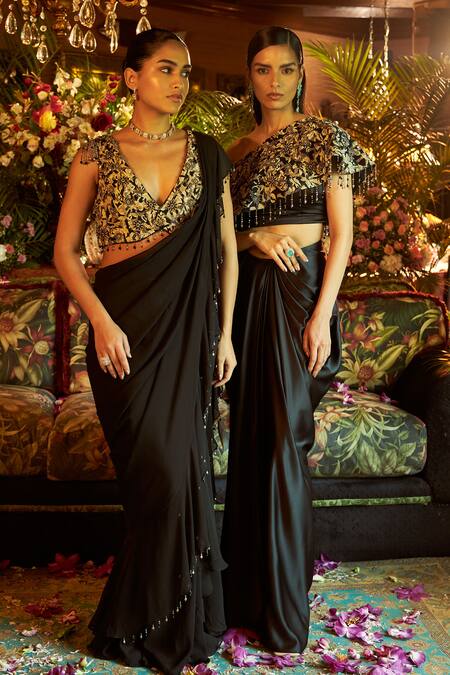 Shop Shreeka Black Viscose, Satin, Crepe Pearls, Floral Embroidered Cape Draped Skirt Set Online at Aza Fashions Shop_Shreeka_Black Viscose, Satin, Crepe Pearls, Floral Embroidered Cape Draped Skirt Set _Online_at_Aza_Fashions