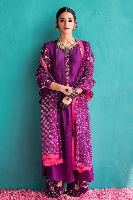 Pooja Singhal Pintuck Kurta Set With Bandhej Print Dupatta 