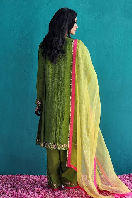 Shop Pooja Singhal Green Kurta And Salwar Viscose Silk Embroidery Sequin Notched Placement Set at Aza Fashions Shop_Pooja Singhal_Green Kurta And Salwar Viscose Silk Embroidery Sequin Notched Placement Set_at_Aza_Fashions