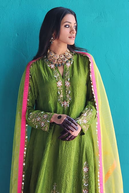 Pooja Singhal Green Kurta And Salwar Viscose Silk Embroidery Sequin Notched Placement Set Online at Aza Fashions Pooja Singhal_Green Kurta And Salwar Viscose Silk Embroidery Sequin Notched Placement Set_Online_at_Aza_Fashions