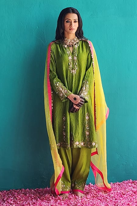Buy Pooja Singhal Green Kurta And Salwar Viscose Silk Embroidery Sequin Notched Placement Set Online at Aza Fashions Buy_Pooja Singhal_Green Kurta And Salwar Viscose Silk Embroidery Sequin Notched Placement Set_Online_at_Aza_Fashions