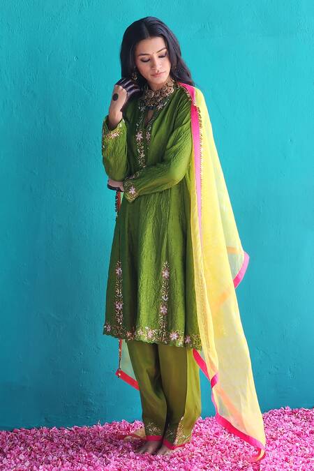 Shop Pooja Singhal Green Kurta And Salwar Viscose Silk Embroidery Sequin Notched Placement Set Online at Aza Fashions Shop_Pooja Singhal_Green Kurta And Salwar Viscose Silk Embroidery Sequin Notched Placement Set_Online_at_Aza_Fashions