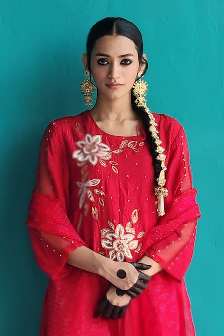 Buy_Pooja Singhal_Red Viscose, Silk, Modal, Satin, Organza Embroidery Layered Printed Kurta Set _Online_at_Aza_Fashions