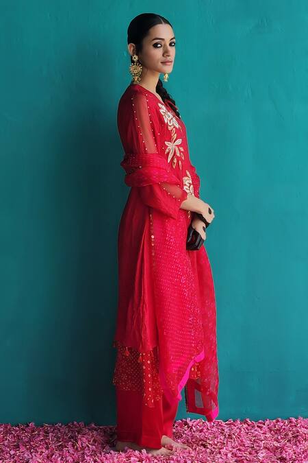 Shop_Pooja Singhal_Red Viscose, Silk, Modal, Satin, Organza Embroidery Layered Printed Kurta Set _Online_at_Aza_Fashions