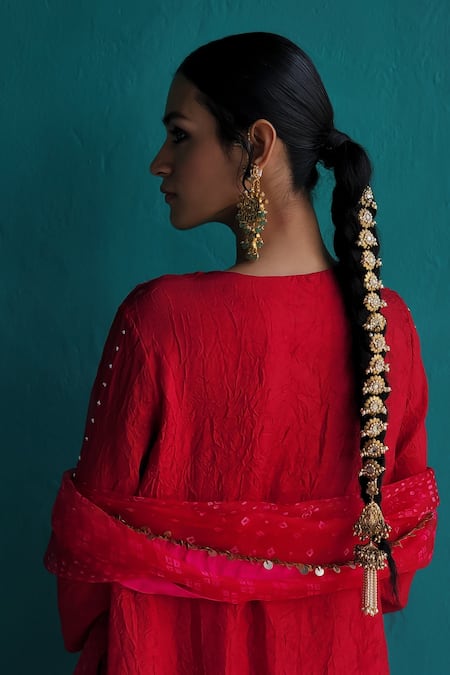 Pooja Singhal_Red Viscose, Silk, Modal, Satin, Organza Embroidery Layered Printed Kurta Set _at_Aza_Fashions