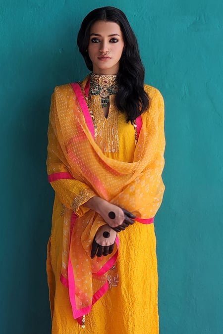 Pooja Singhal_Yellow Viscose, Silk, Tissue, Organza Sequins, Embroidery Floral Kurta Set_Online_at_Aza_Fashions