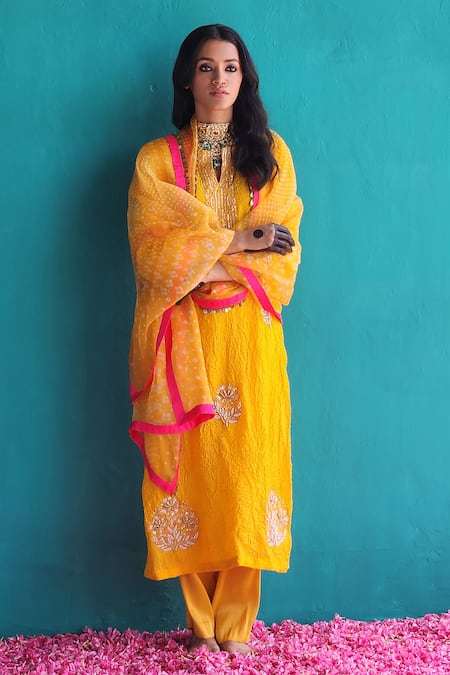 Buy_Pooja Singhal_Yellow Viscose, Silk, Tissue, Organza Sequins, Embroidery Floral Kurta Set_Online_at_Aza_Fashions