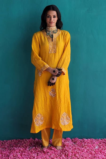 Shop_Pooja Singhal_Yellow Viscose, Silk, Tissue, Organza Sequins, Embroidery Floral Kurta Set_Online_at_Aza_Fashions