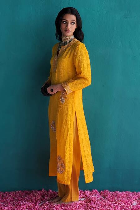 Pooja Singhal_Yellow Viscose, Silk, Tissue, Organza Sequins, Embroidery Floral Kurta Set_at_Aza_Fashions