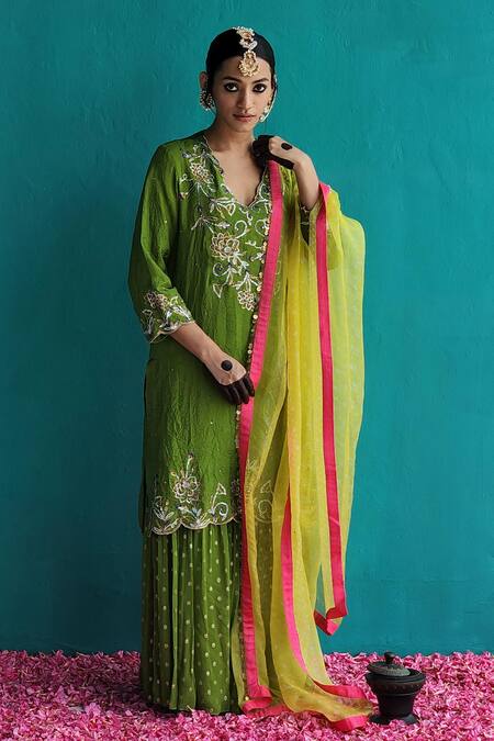 Buy Pooja Singhal Green Kurta Viscose Silk Embroidery Sequin V Neck Gharara Set Online at Aza Fashions Buy_Pooja Singhal_Green Kurta Viscose Silk Embroidery Sequin V Neck Gharara Set _Online_at_Aza_Fashions