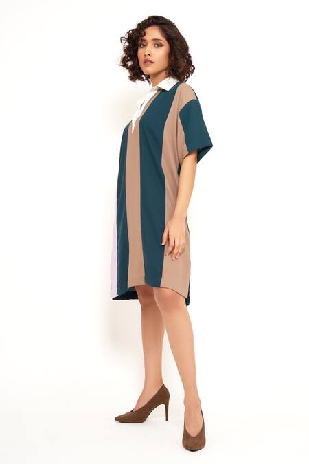 House Of Behram_Green Modal Collared Linear Color Block Shirt Dress _Online_at_Aza_Fashions