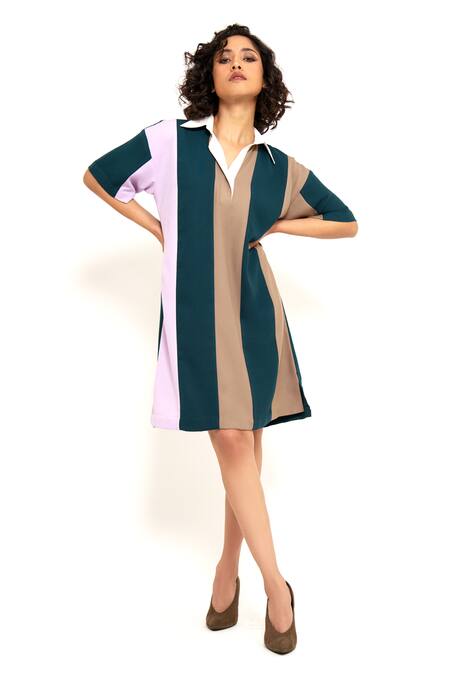 Buy_House Of Behram_Green Modal Collared Linear Color Block Shirt Dress _Online_at_Aza_Fashions