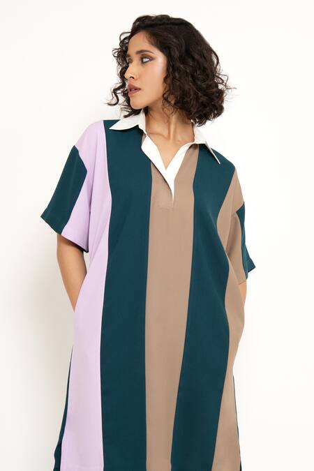 House Of Behram_Green Modal Collared Linear Color Block Shirt Dress _at_Aza_Fashions