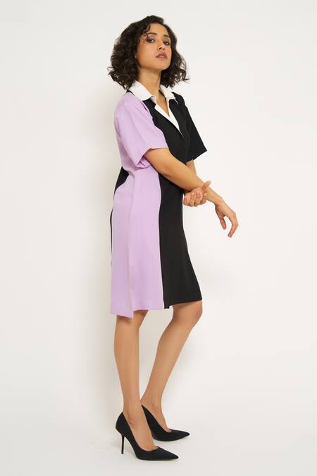 Buy_House Of Behram_Black Modal Collared Dual Color Block Shirt Dress _Online_at_Aza_Fashions