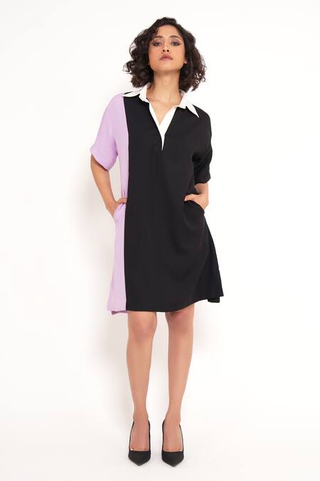 Shop_House Of Behram_Black Modal Collared Dual Color Block Shirt Dress _Online_at_Aza_Fashions