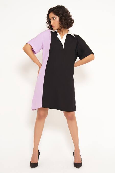 Buy_House Of Behram_Black Modal Collared Dual Color Block Shirt Dress 