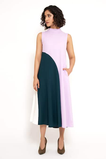 House of Behram Curved Linear Pattern Color Block Dress 