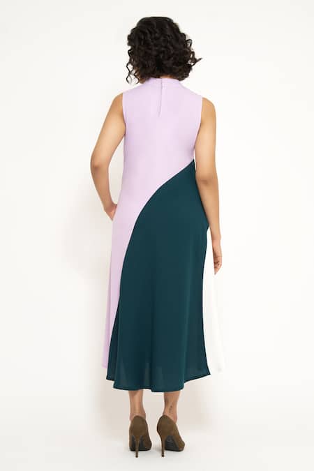 House Of Behram Curved Linear Pattern Color Block Dress 