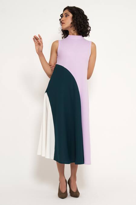 Buy House Of Behram Purple Modal High Neck Curved Linear Pattern Color Block Dress Online at Aza Fashions Buy_House Of Behram_Purple Modal High Neck Curved Linear Pattern Color Block Dress _Online_at_Aza_Fashions