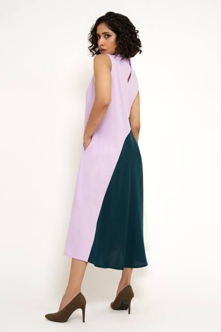 Shop House Of Behram Purple Modal High Neck Curved Linear Pattern Color Block Dress Online at Aza Fashions Shop_House Of Behram_Purple Modal High Neck Curved Linear Pattern Color Block Dress _Online_at_Aza_Fashions