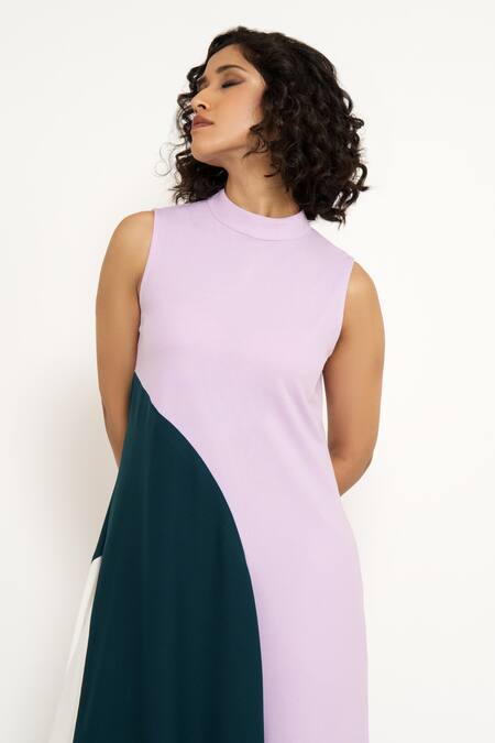 House Of Behram Purple Modal High Neck Curved Linear Pattern Color Block Dress at Aza Fashions House Of Behram_Purple Modal High Neck Curved Linear Pattern Color Block Dress _at_Aza_Fashions