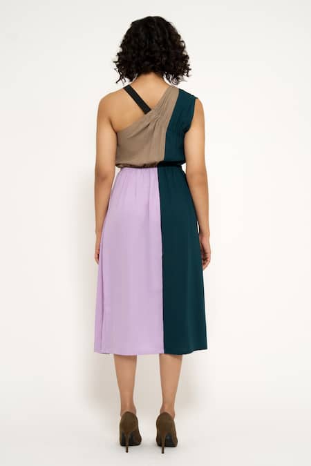 House Of Behram One Shoulder Color Block Dress 