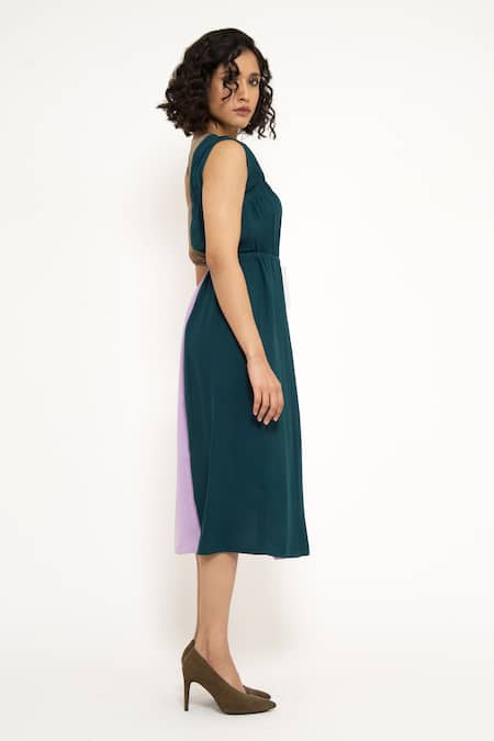 House Of Behram_Purple Modal One Shoulder Color Block Dress _Online_at_Aza_Fashions