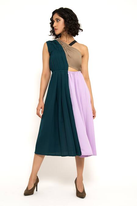 Buy_House Of Behram_Purple Modal One Shoulder Color Block Dress _Online_at_Aza_Fashions