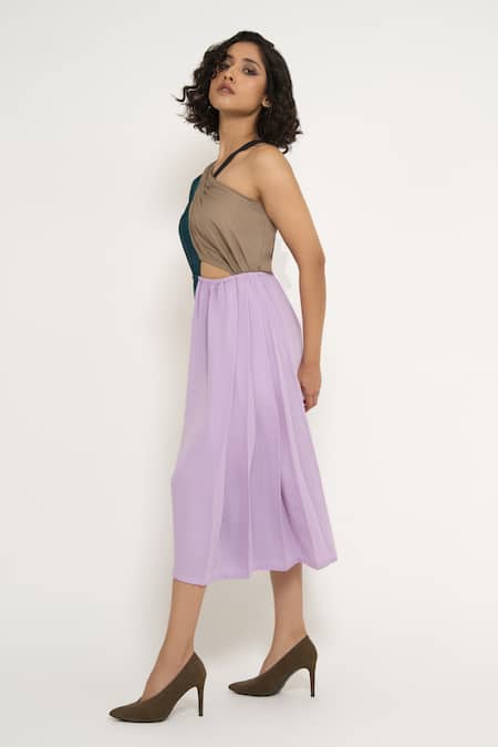 Shop_House Of Behram_Purple Modal One Shoulder Color Block Dress _Online_at_Aza_Fashions