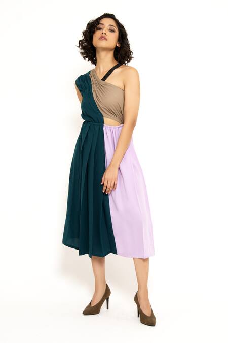 House Of Behram_Purple Modal One Shoulder Color Block Dress _at_Aza_Fashions