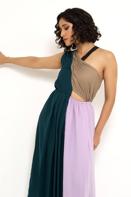 Buy_House Of Behram_Purple Modal One Shoulder Color Block Dress 