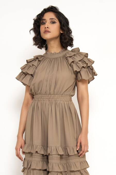 House Of Behram_Beige Modal Ruffles High Neck Detailed Dress _Online_at_Aza_Fashions