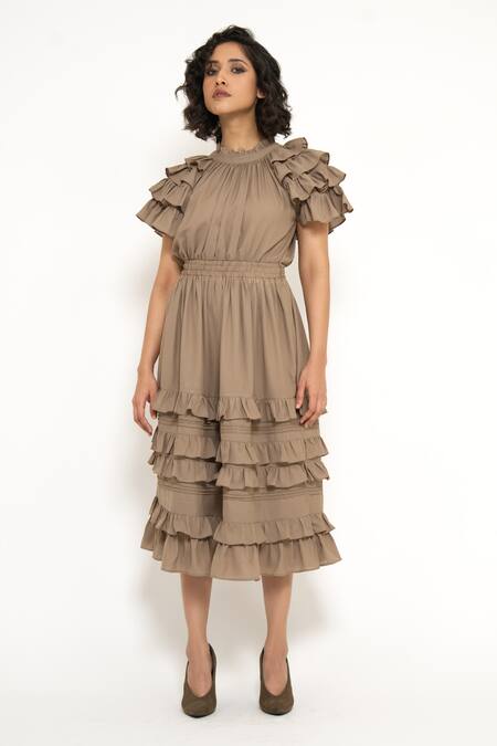 Buy_House Of Behram_Beige Modal Ruffles High Neck Detailed Dress _Online_at_Aza_Fashions