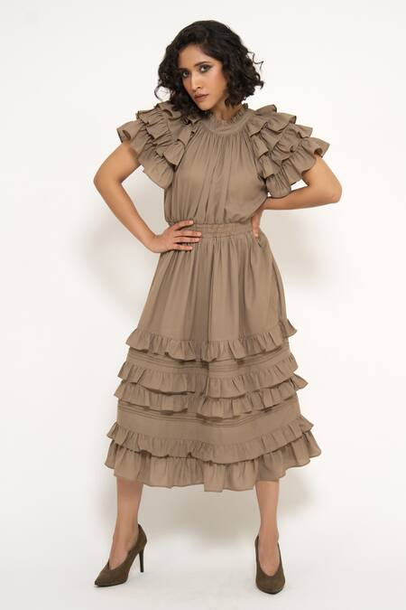 Shop_House Of Behram_Beige Modal Ruffles High Neck Detailed Dress _Online_at_Aza_Fashions