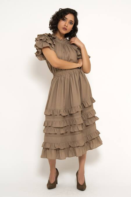House Of Behram_Beige Modal Ruffles High Neck Detailed Dress _at_Aza_Fashions