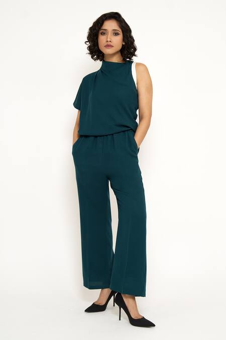 House Of Behram_Green Modal High Neck Asymmetric Sleeve Jumpsuit _Online_at_Aza_Fashions