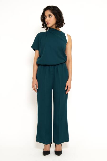 Buy_House Of Behram_Green Modal High Neck Asymmetric Sleeve Jumpsuit _Online_at_Aza_Fashions