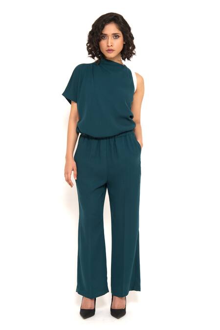 Shop_House Of Behram_Green Modal High Neck Asymmetric Sleeve Jumpsuit _Online_at_Aza_Fashions