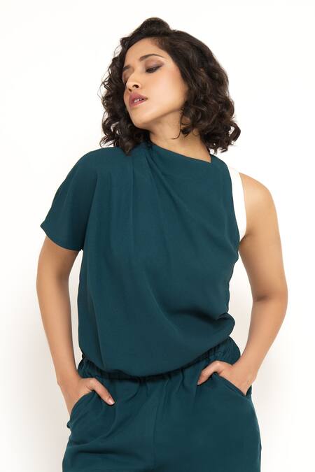 House Of Behram_Green Modal High Neck Asymmetric Sleeve Jumpsuit _at_Aza_Fashions