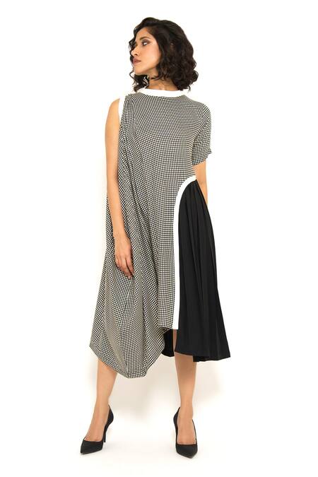 House Of Behram_Black Modal, Crepe Round Neck Checkered Pattern Cowl Dress _Online_at_Aza_Fashions