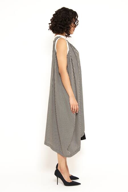 Buy_House Of Behram_Black Modal, Crepe Round Neck Checkered Pattern Cowl Dress _Online_at_Aza_Fashions