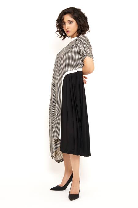 Shop_House Of Behram_Black Modal, Crepe Round Neck Checkered Pattern Cowl Dress _Online_at_Aza_Fashions