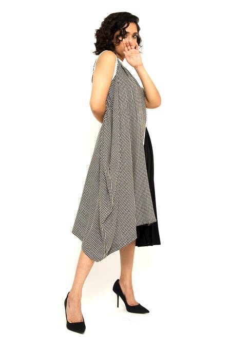 House Of Behram_Black Modal, Crepe Round Neck Checkered Pattern Cowl Dress _at_Aza_Fashions