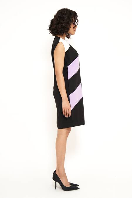 Buy_House Of Behram_Black Modal V-neck Diagonal Striped Color Block Dress _Online_at_Aza_Fashions
