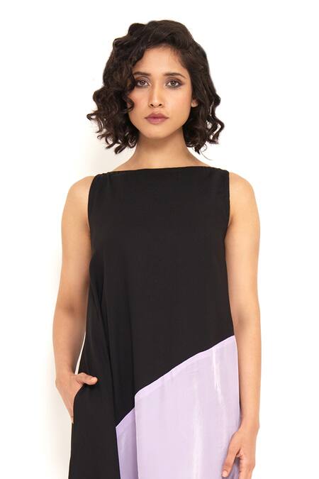 House Of Behram_Black Modal Boat Neck Color Block Asymmetric Dress _Online_at_Aza_Fashions