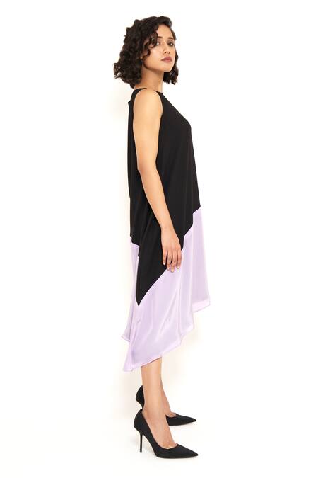 Shop_House Of Behram_Black Modal Boat Neck Color Block Asymmetric Dress _Online_at_Aza_Fashions